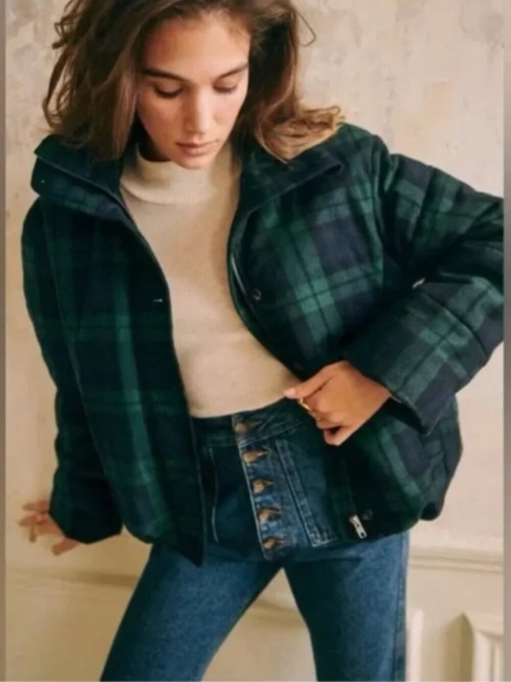 Sezane plaid wool blend Java Puffer Coat - Picture 7 of 8